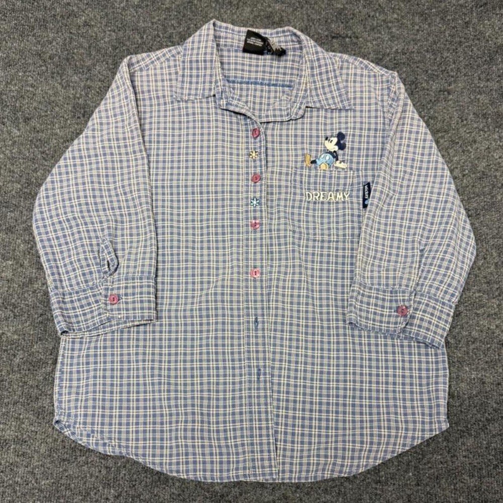 Vintage Disney Mickey Mouse Mid Sleeve Button Shirt Plaid Embroidered